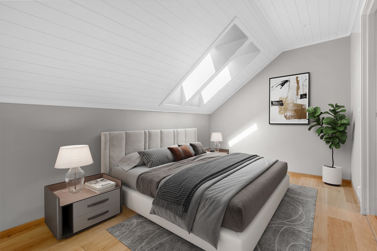 Illustrasjon av hvordan rommet kan innredes som soverom, her har du god plass til dobbeltseng og tilhørende møblement Galleribilde