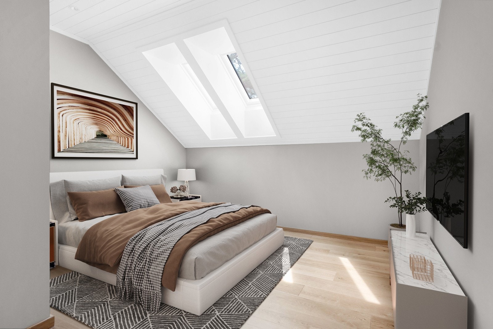 Illustrasjon av hvordan rommet kan innredes som et behagelig soverom Galleribilde