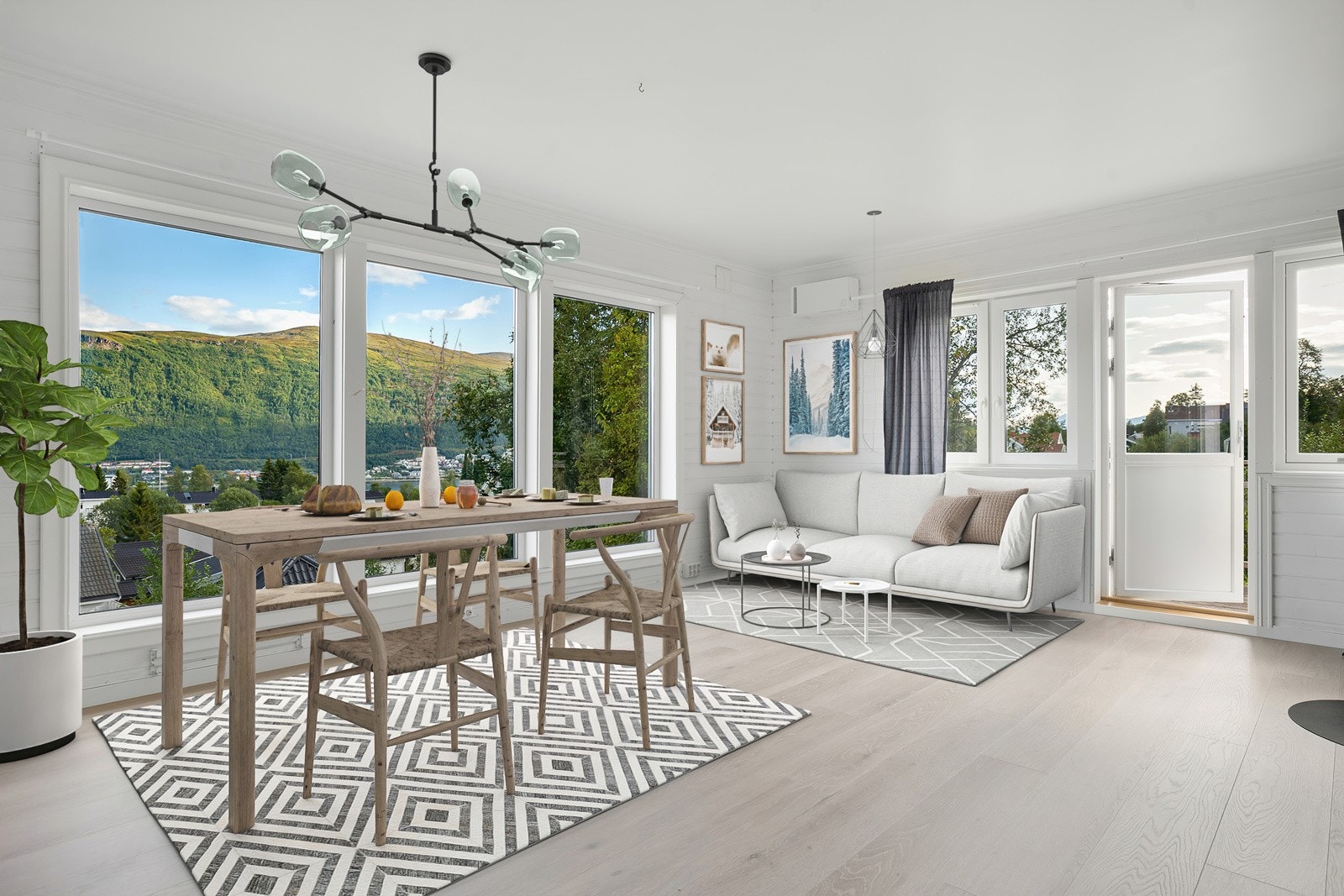 Lys og fin stue med gode møbleringsmuligheter. Illustrasjonsfoto 3D-møblering, avvik kan forekomme.