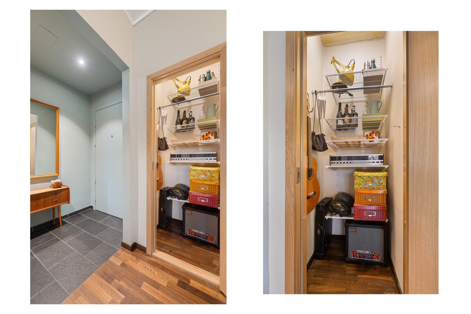 Boligen har to innvendige boder, hvorav den største ligger ved entréen og egner seg godt til oppbevaring av sesongklær og utstyr, mens det andre kottet utenfor badet passer fint til vaskeredskaper og lignende. Galleribilde