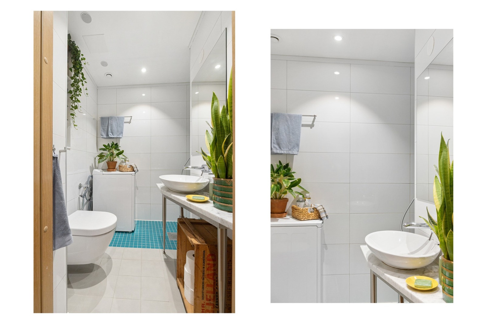 Baderomsinnredningen består av en marmorplate med toppmontert servant fra Villeroy & Boch, samt vegghengt toalett fra samme produsent. Galleribilde