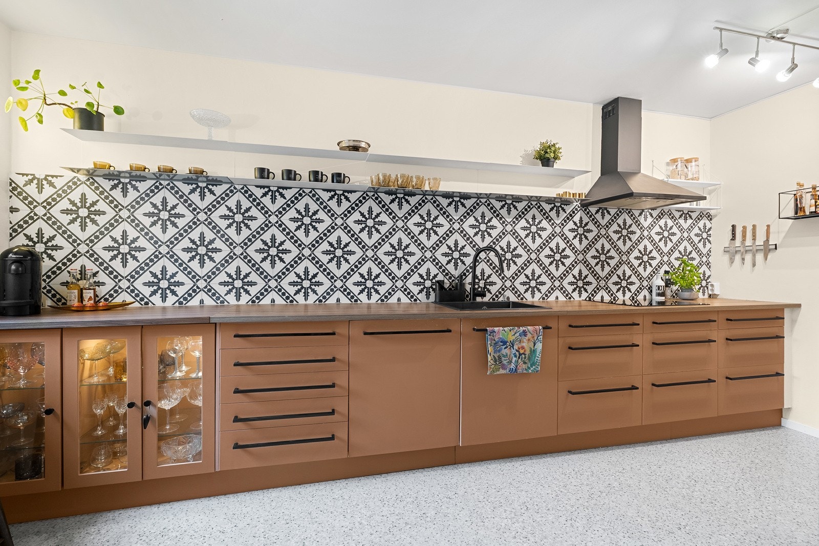 Utstyrt med integrerte hvitevarer som oppvaskmaskin, platetopp med ventilator over og ovn i riktig høyde. Galleribilde