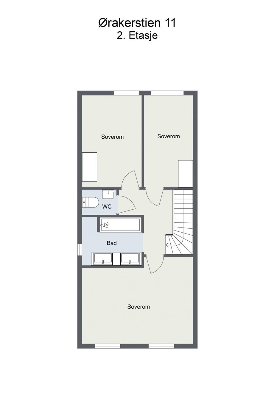 Plantegning 2 etasje. Plantegning er kun ment som illustrasjon. Rommene er beskrevet til hva de faktisk brukes til. Galleribilde