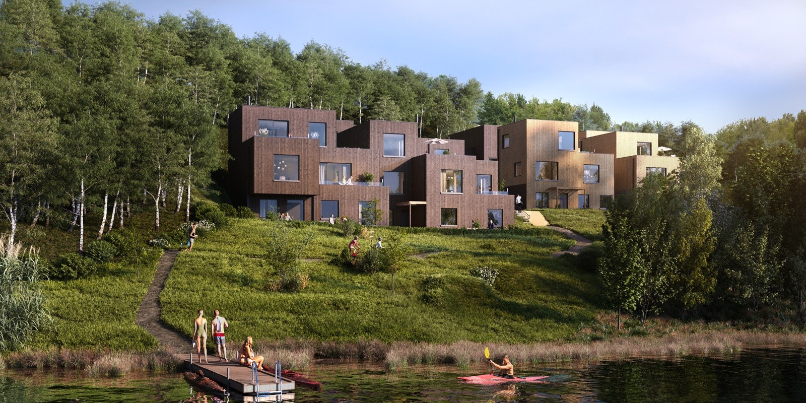 Ved vannet blir det lagt ut brygge for bading og aktiviteter Galleribilde