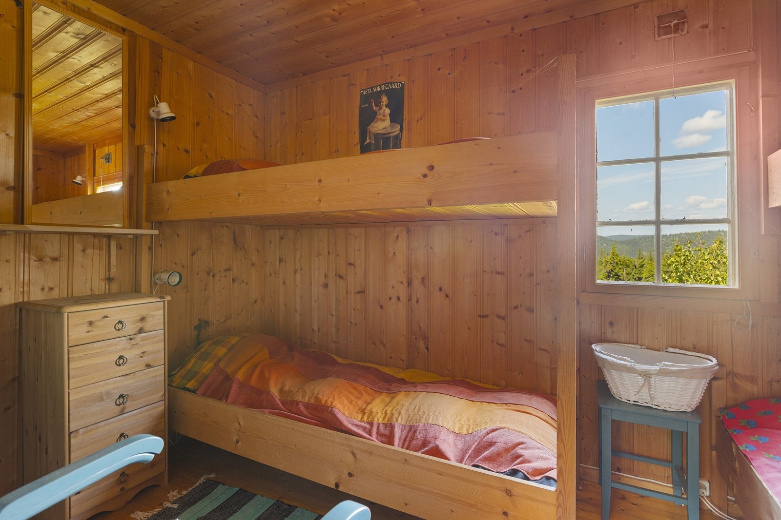 I hytta er det to soverom hvorav ett med to plassbygde køyesenger (4 sengeplasser) og vedovn. Galleribilde