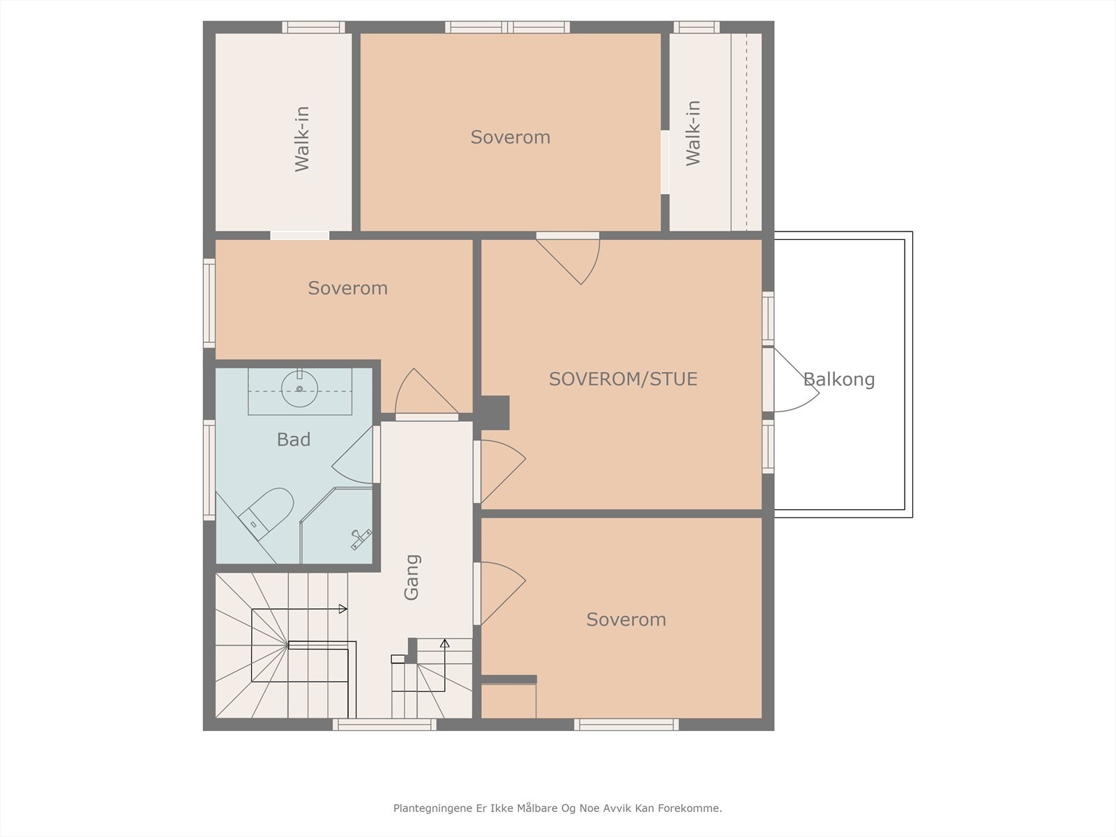 Omvisningen fortsetter i 2. etasje hvor det er 4 soverom (evt. en tv-stue), bad, trapperom og to boder/walkin. Galleribilde