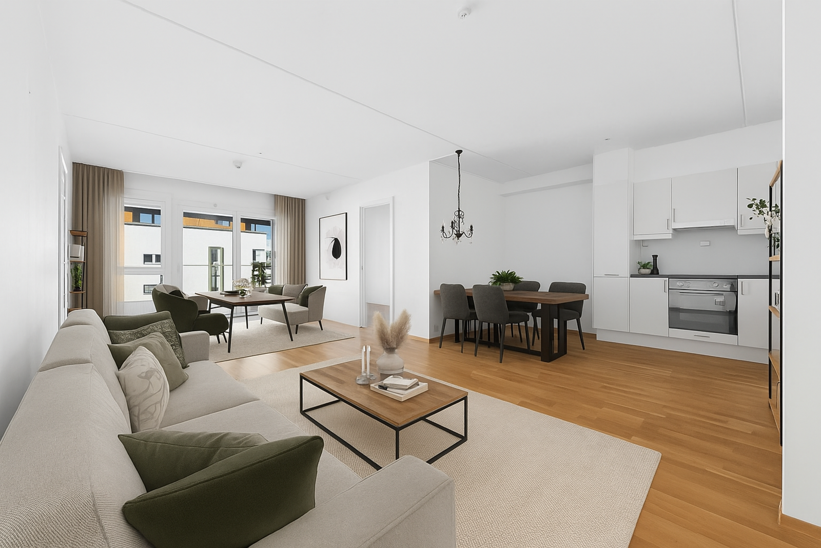 Illustrasjon av stue med AI generert møblering. Galleribilde