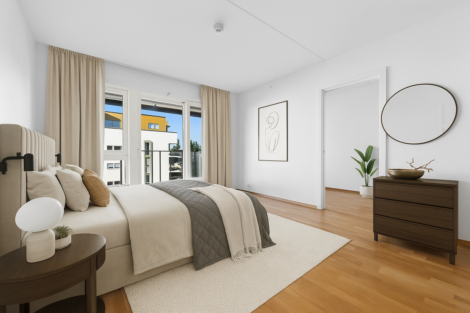 Illustrasjon av soverom med AI generert møblering. Galleribilde