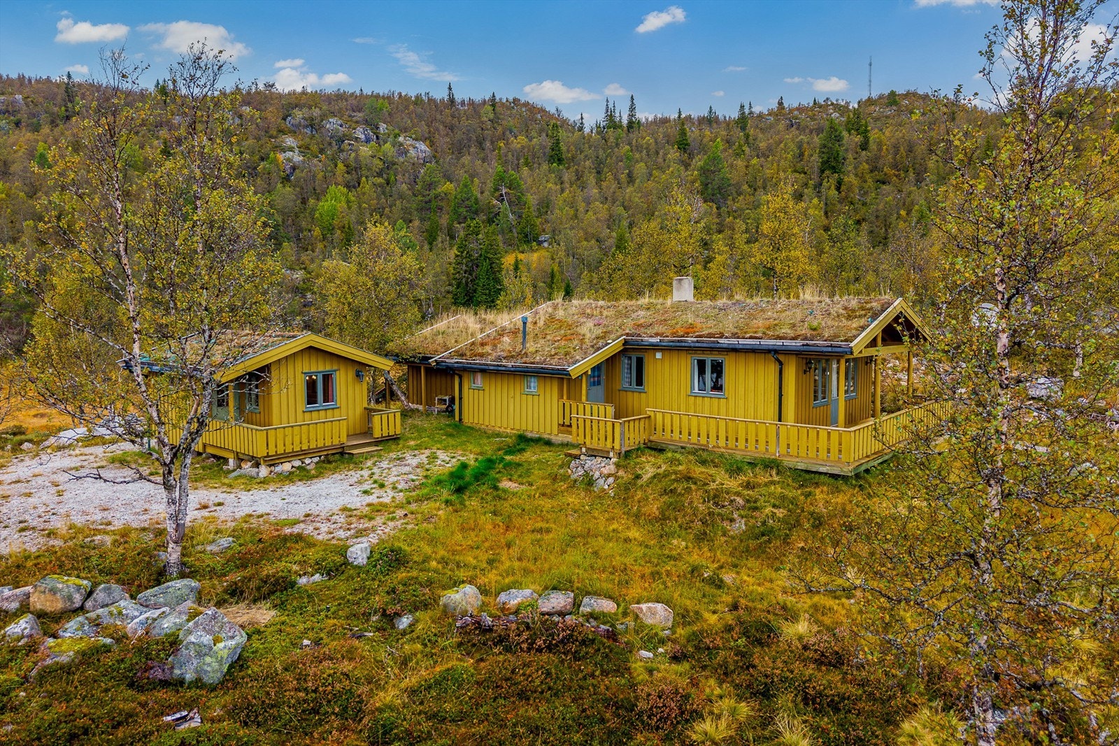 Hytta ligger flott til i et hyttefelt på Vatjønn mellom Hovden i Setesdal og Haukeli i Telemark. Galleribilde