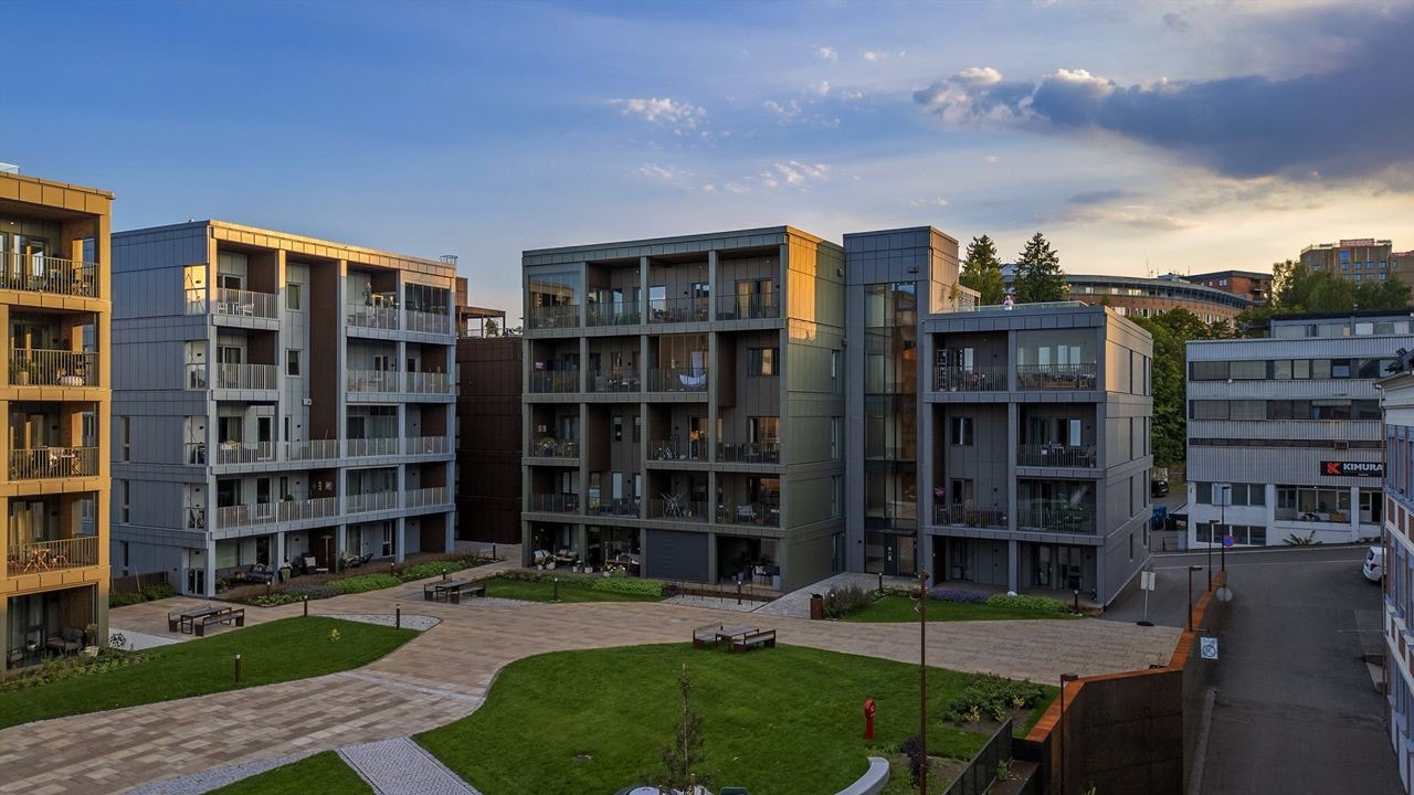 Nydelig bakhage som er opparbeidet med plen, beplantning og sittegrupper. Galleribilde