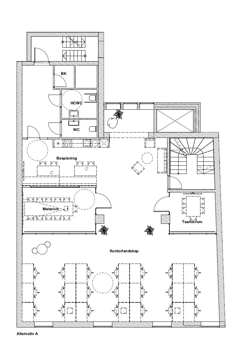 Mulig planløsning med åpen løsning og to møterom Galleribilde