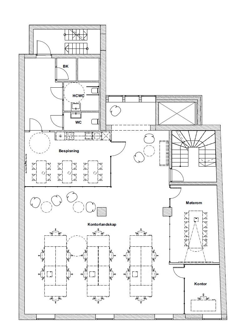 Mulig planløsning med åpen sone, ett møterom og ett kontor Galleribilde