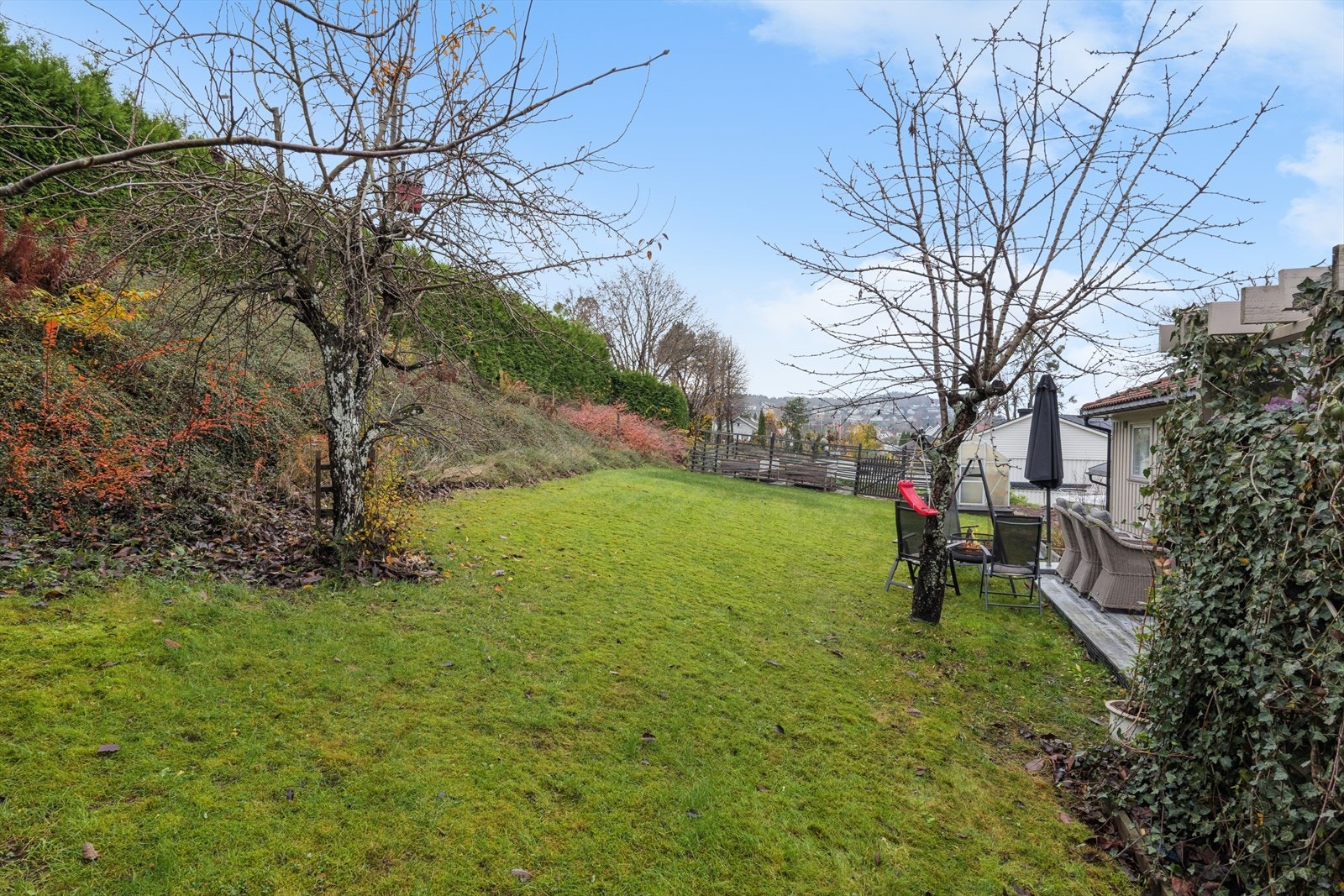 Usjenert og skjermet hage, og selv med høstlig preg ser man hvor frodig den er. Galleribilde
