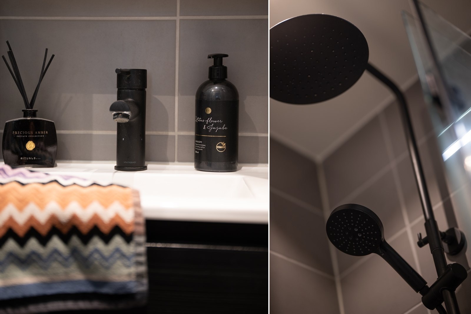 Badet består av flislagte gulv med varmekabler, flislagte vegger og malt himling med downlights. Galleribilde