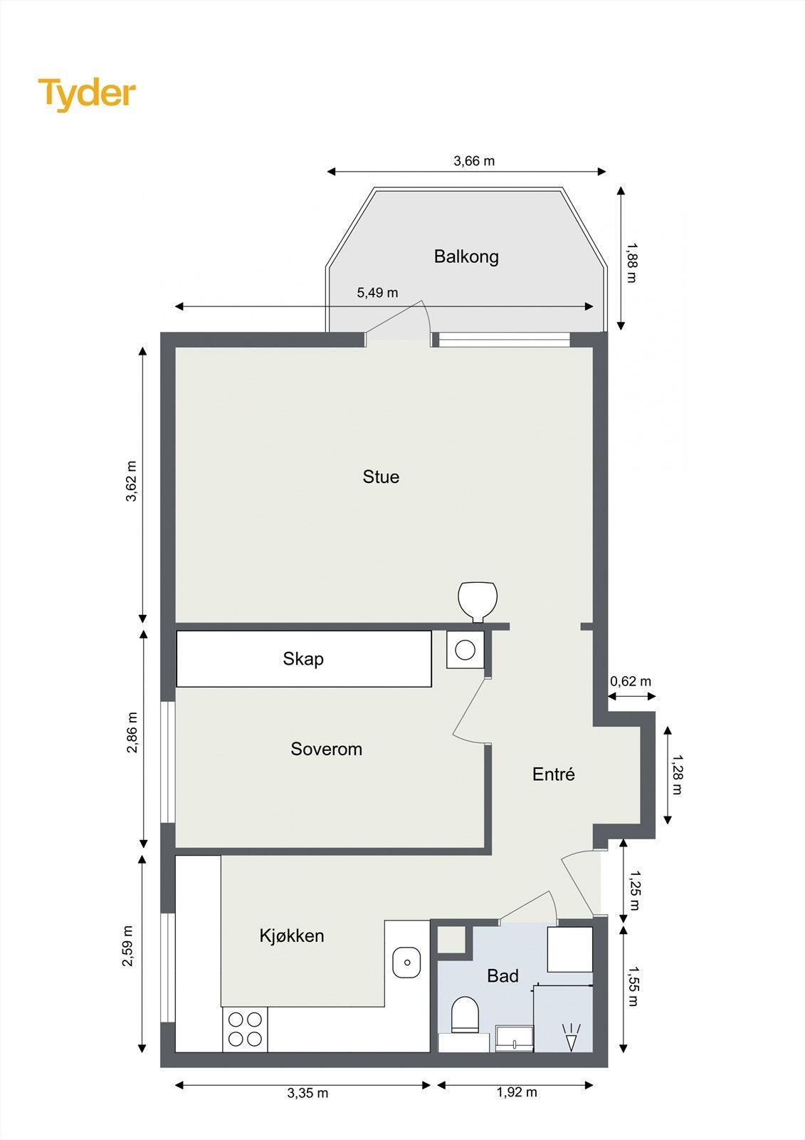 Oppmålt plantegning for leiligheten. Galleribilde