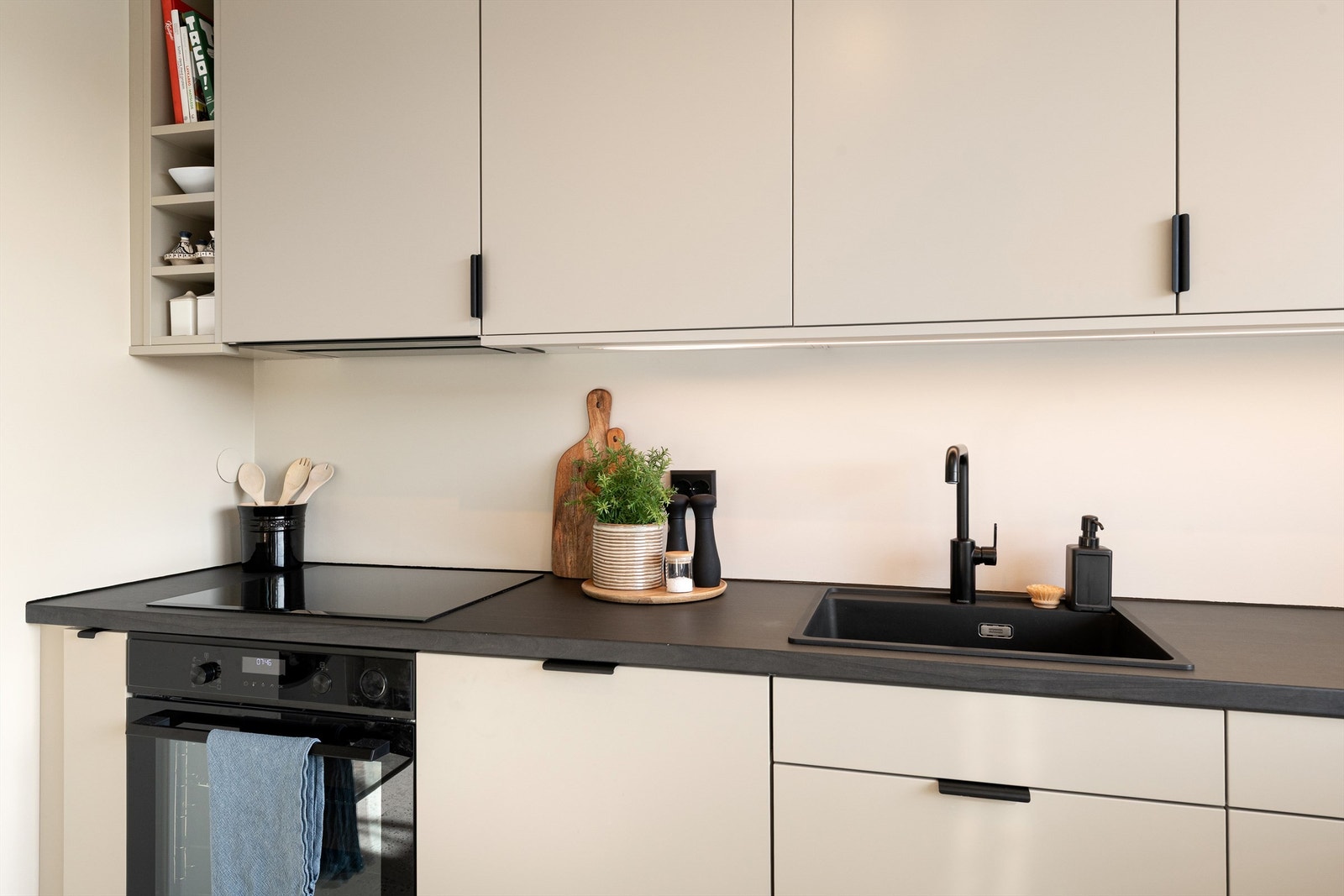 Kjøkkenet har integrert kjøl/fryseskap, oppvaskmaskin, induksjonstopp og stekeovn. Det er montert vannstoppsystem. Kjøkkenventilator med kullfilter, men det er avtrekk fra mekanisk vifte fra kokesonen. Galleribilde