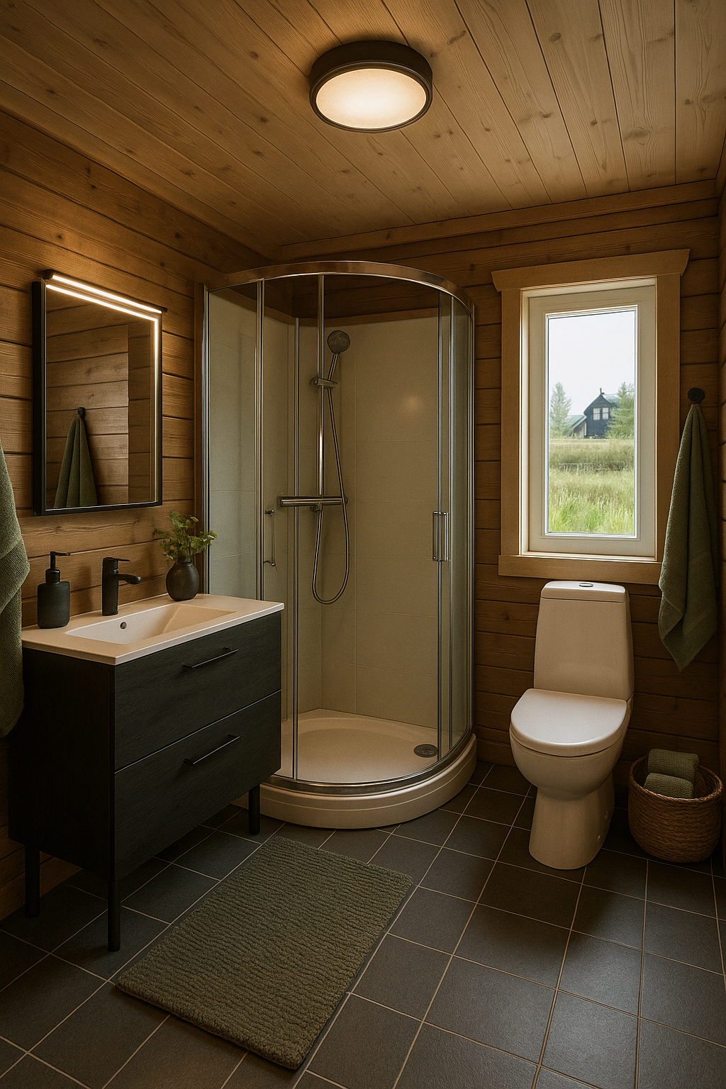 Flislagt bad med dusjkabinett og helt ny baderoms innredning. Tømmervegger er beiset med lune farger Galleribilde