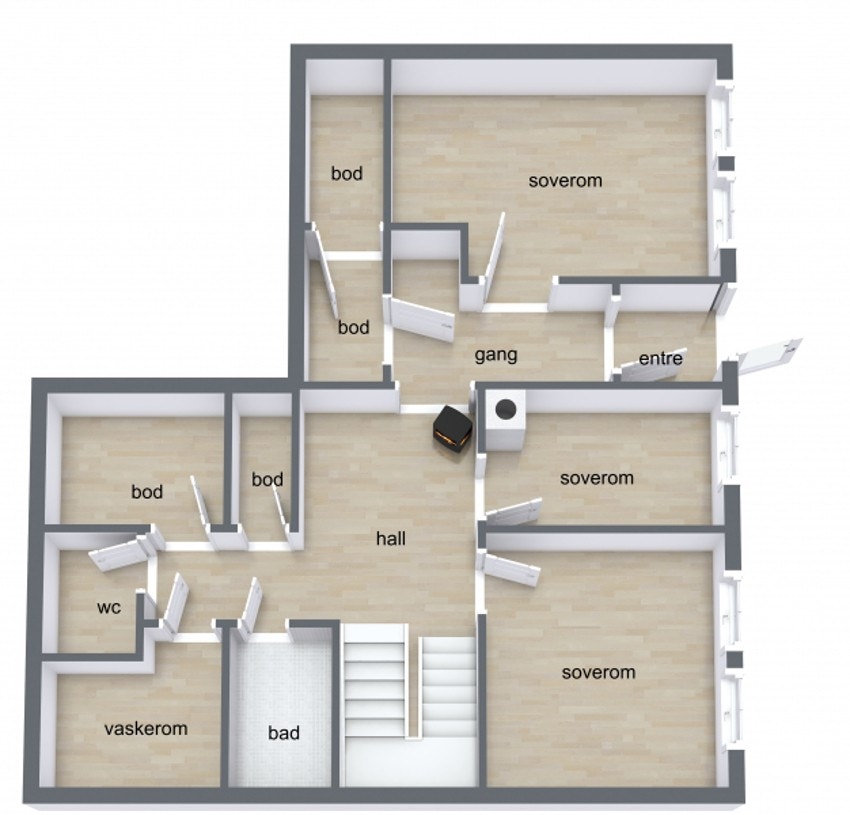 Underetasjen byr på: vindfang, gang, hall m/trapp, 4 boder, 3 soverom, bad, vaskerom og toalettrom. Galleribilde
