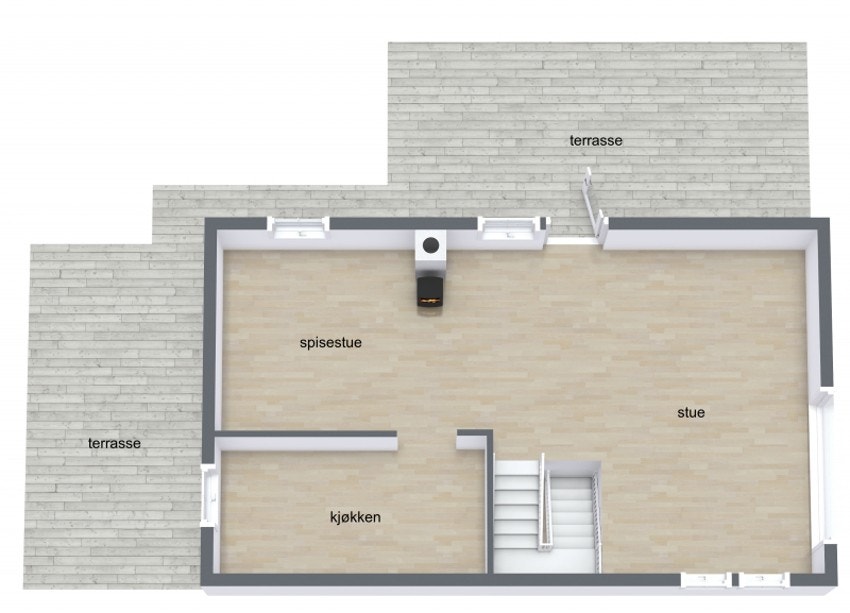 1.etg. inneholder: stue/spisestue m/ trapp og kjøkken. Galleribilde