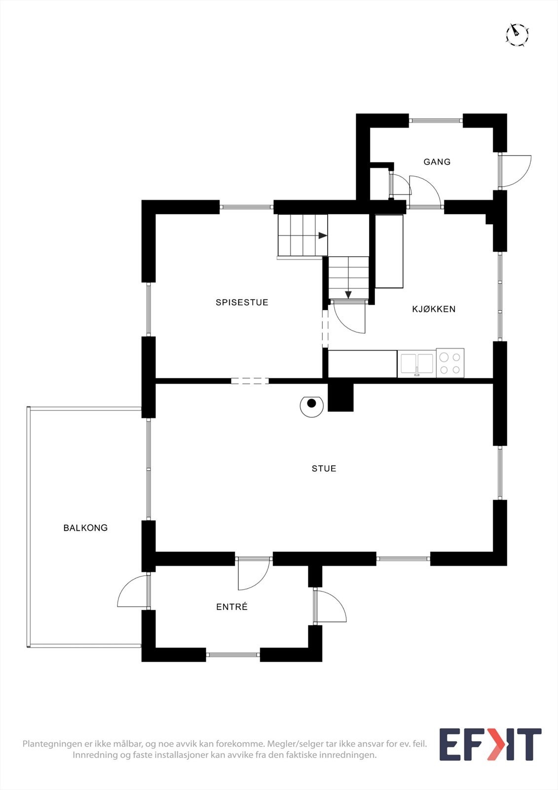 Første etasje inneholder entré, gang, stue, kjøkken og trapperom. Galleribilde