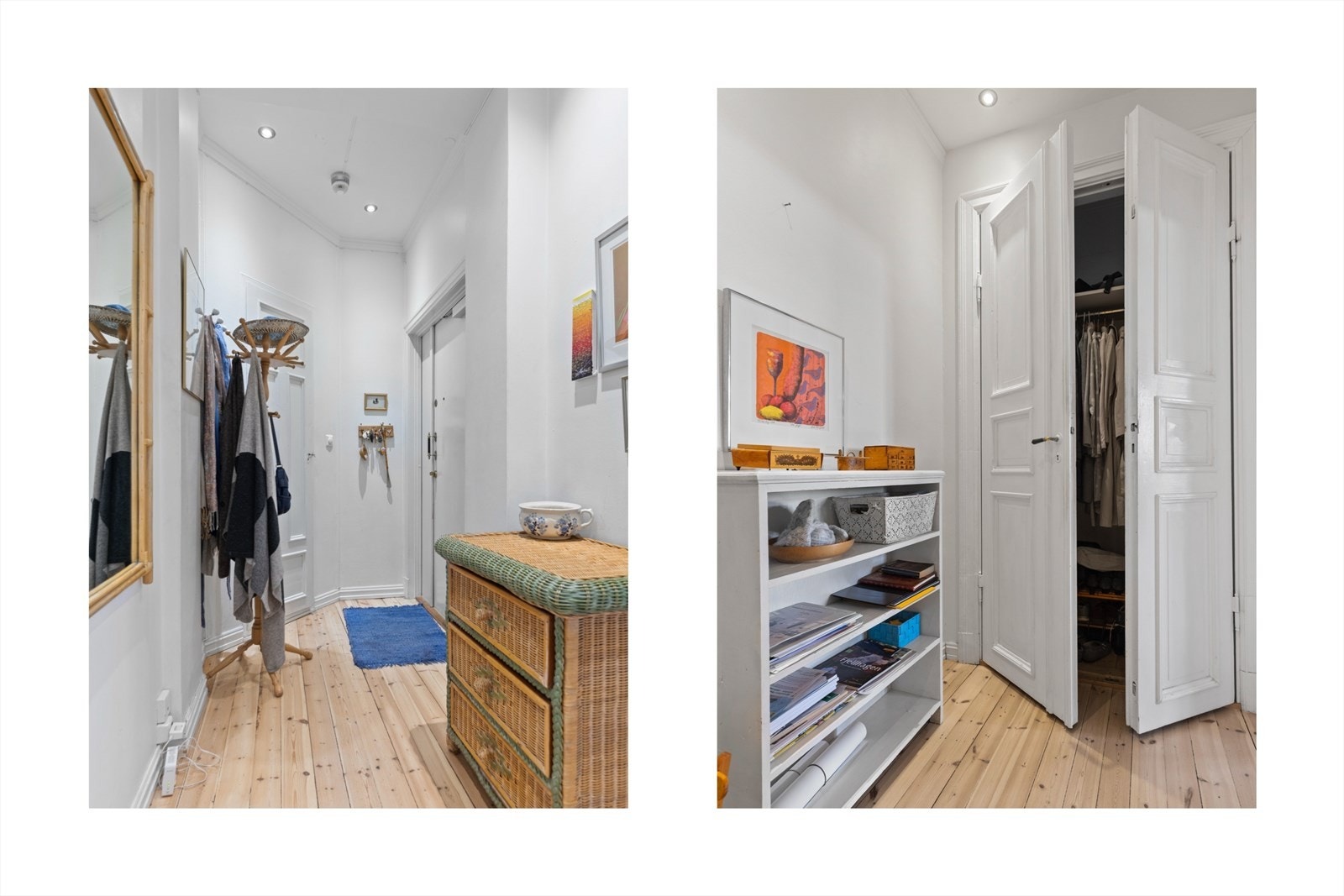 Det er klassiske dobbeldører inn til garderobeskap. Downlights. Kott på motsatt side av garderoben. Galleribilde