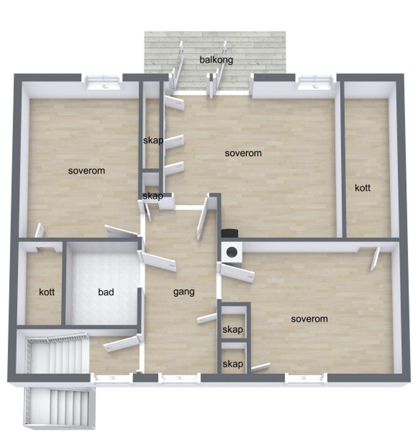 2.etg byr på: bad, trapperom, hall og 3 soverom. Galleribilde