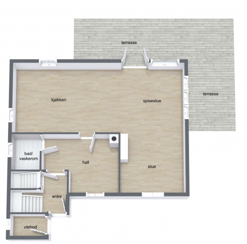 1.etg. byr på: Entré, hall, trapperom, bad/vaskerom, stue/kjøkken og innredet rom/bod. Galleribilde