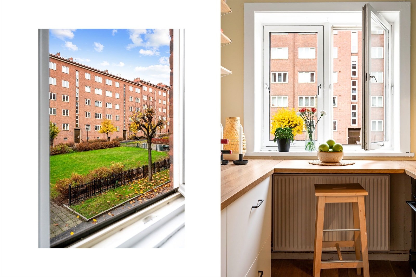 Kjøkkenet er utstyrt med moderne innredning med glatte fronter og laminat benkeplate med nedfelt vaskekum. Galleribilde