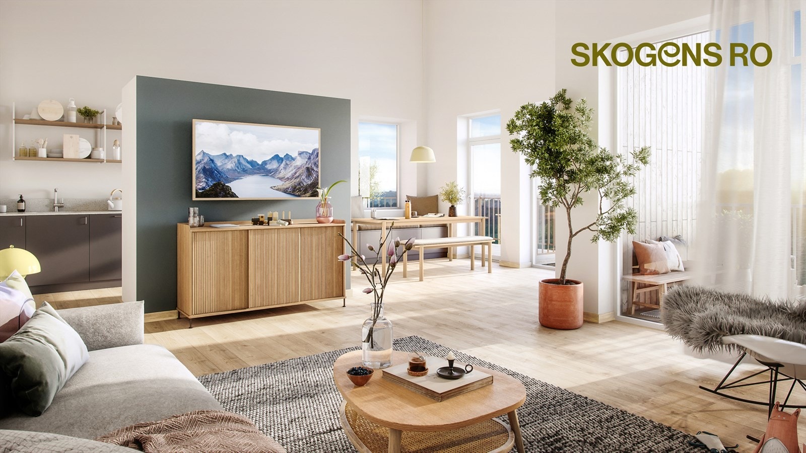 Kjøkken og stue i delvis åpen løsning. Skillevegg for mer definerte soner i oppholdsrom. Sidevindu og utgang balkong fra spisebord. Utgang balkong fra stue. Galleribilde