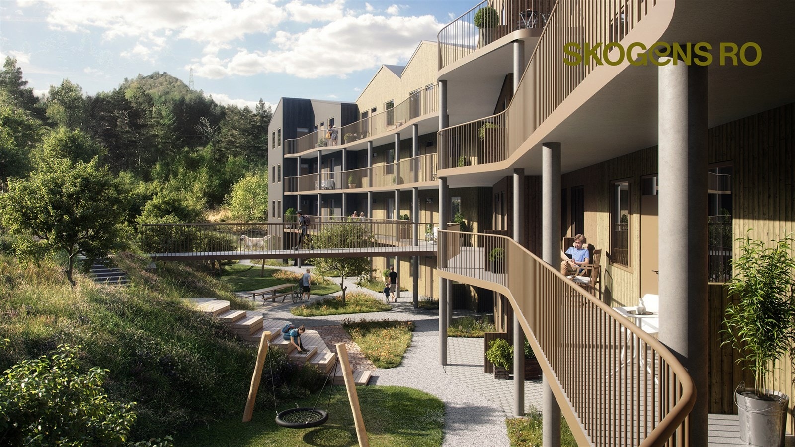 Flott gangbro fra byggets 2. etg. som fører deg videre til turstiene i Melsheia, eller ned i pent opparbeidet fellesområder Galleribilde