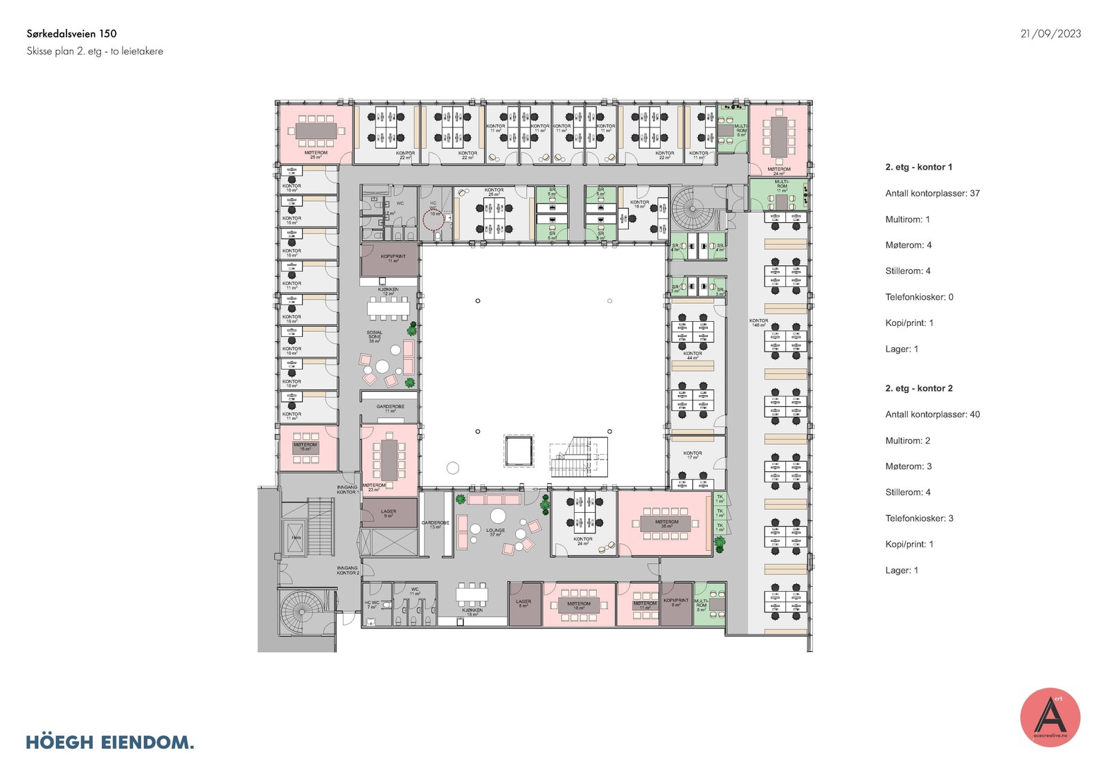 Eksempel på plantegning med delt areal for to leietakere Galleribilde
