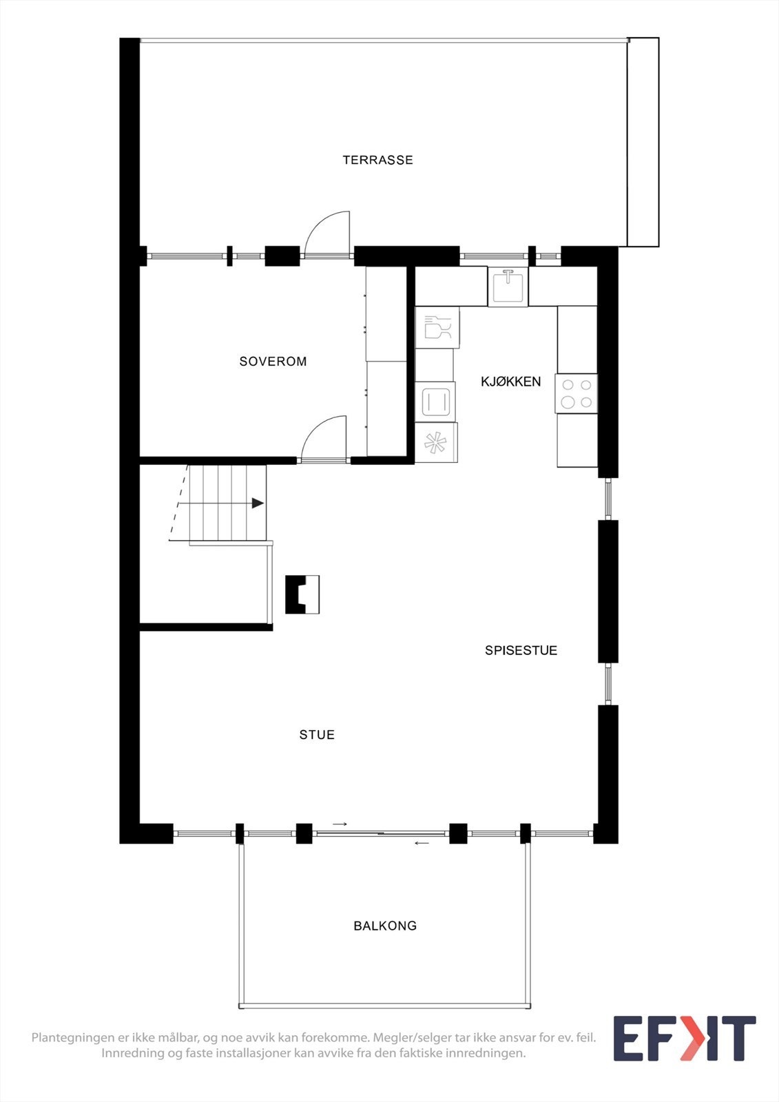 Første etasje består av stue og kjøkken i åpen løsning, ett soverom og trapperom. Galleribilde