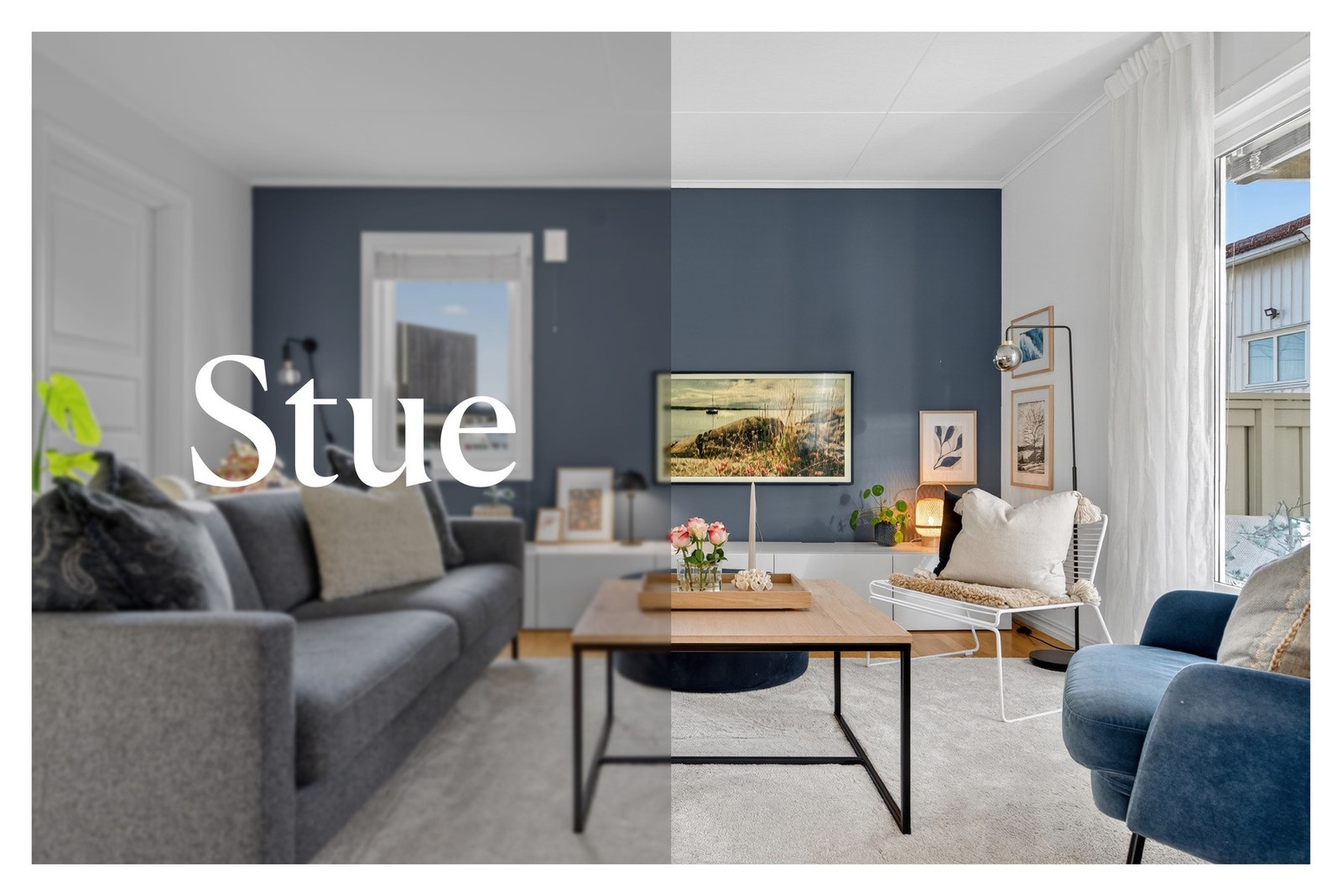 Leiligheten har en lys og trivelig stue Galleribilde