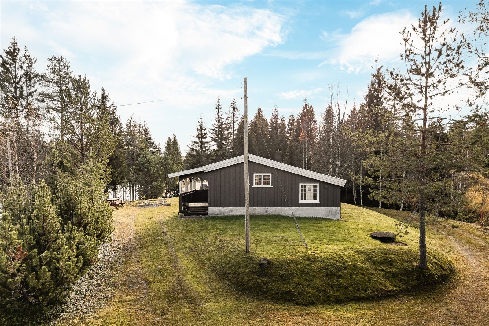 Tomten er opparbeidet med gruset innkjøring, plen og variert beplantning. Hellende tomt dels med fjell og naturtomt. Galleribilde