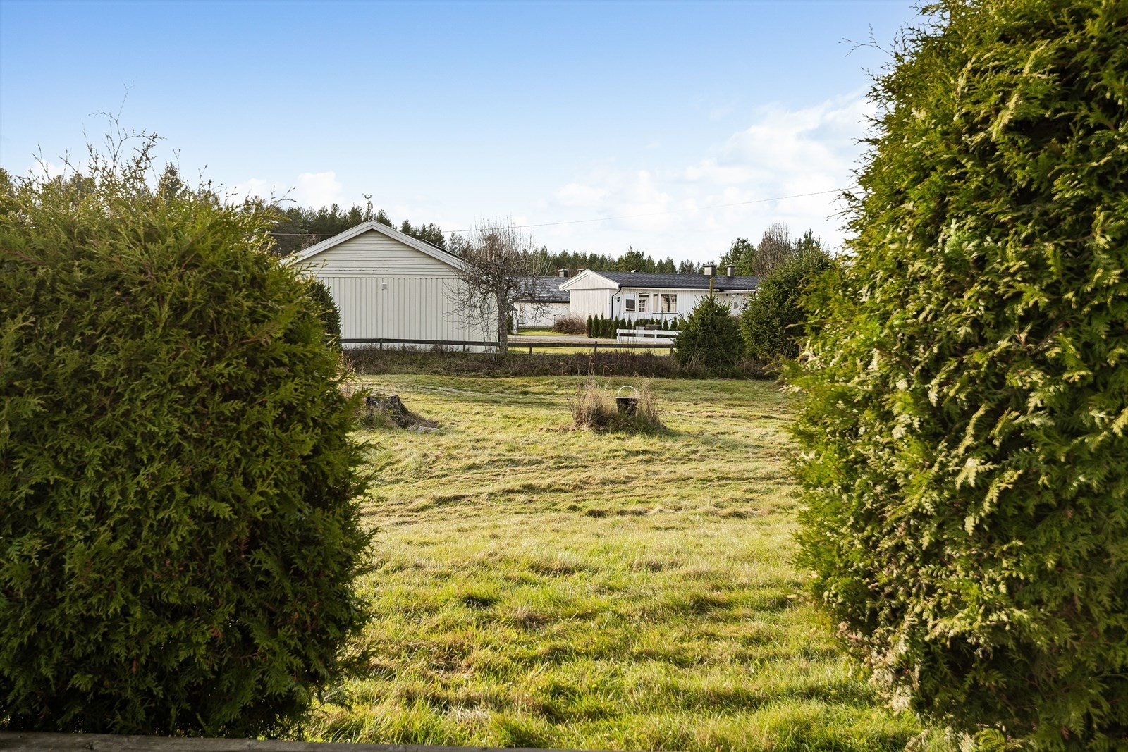 Terrassen er delvis innhegnet med hekk og adkomst til hagen. Galleribilde