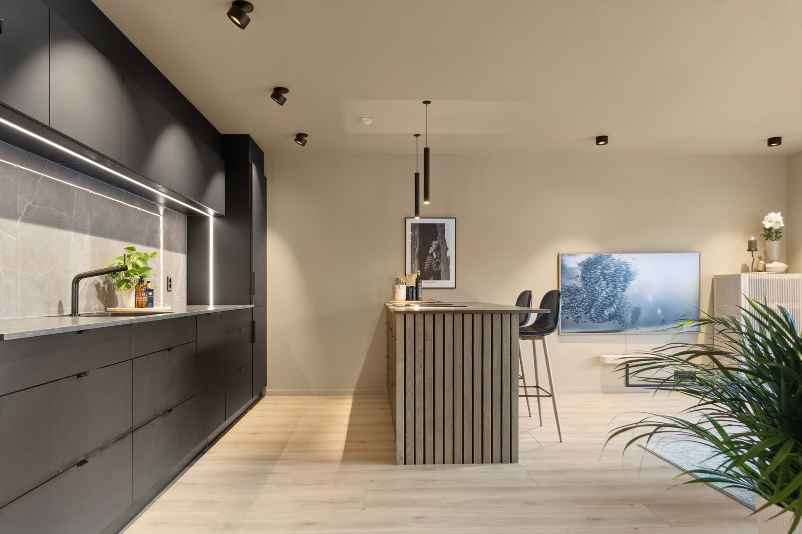 Kjøkken med hvitevarer som kombiskap, oppvaskmaskin, platetopp, stekeovn, ventilator og mikrobølgeovn er integrert i innredningen. Galleribilde