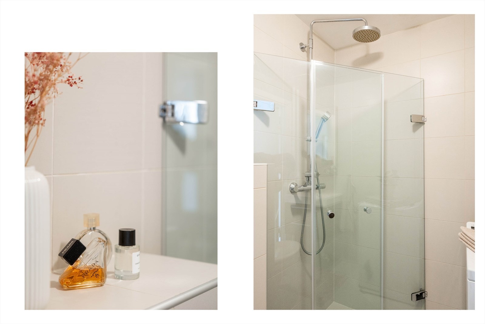 Rommet er utstyrt med dusjone med glassdører, vegghengt toalett og opplegg for vaskemaskin. Galleribilde