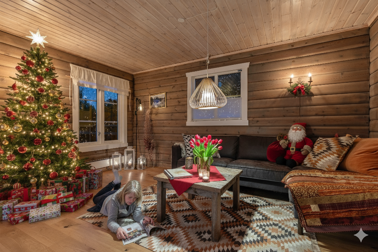 Her blir julen som du håper på. Hytteliv er små øyeblikk som dette. (AI redigert) Galleribilde
