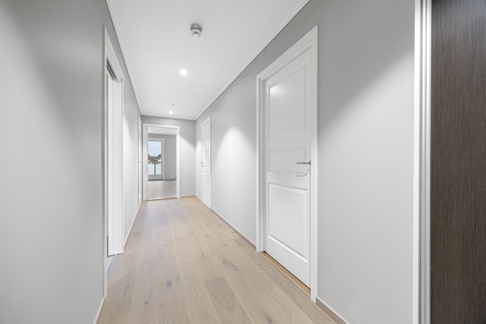 Lys og pen gang som fører ut til stue/kjøkken. Galleribilde