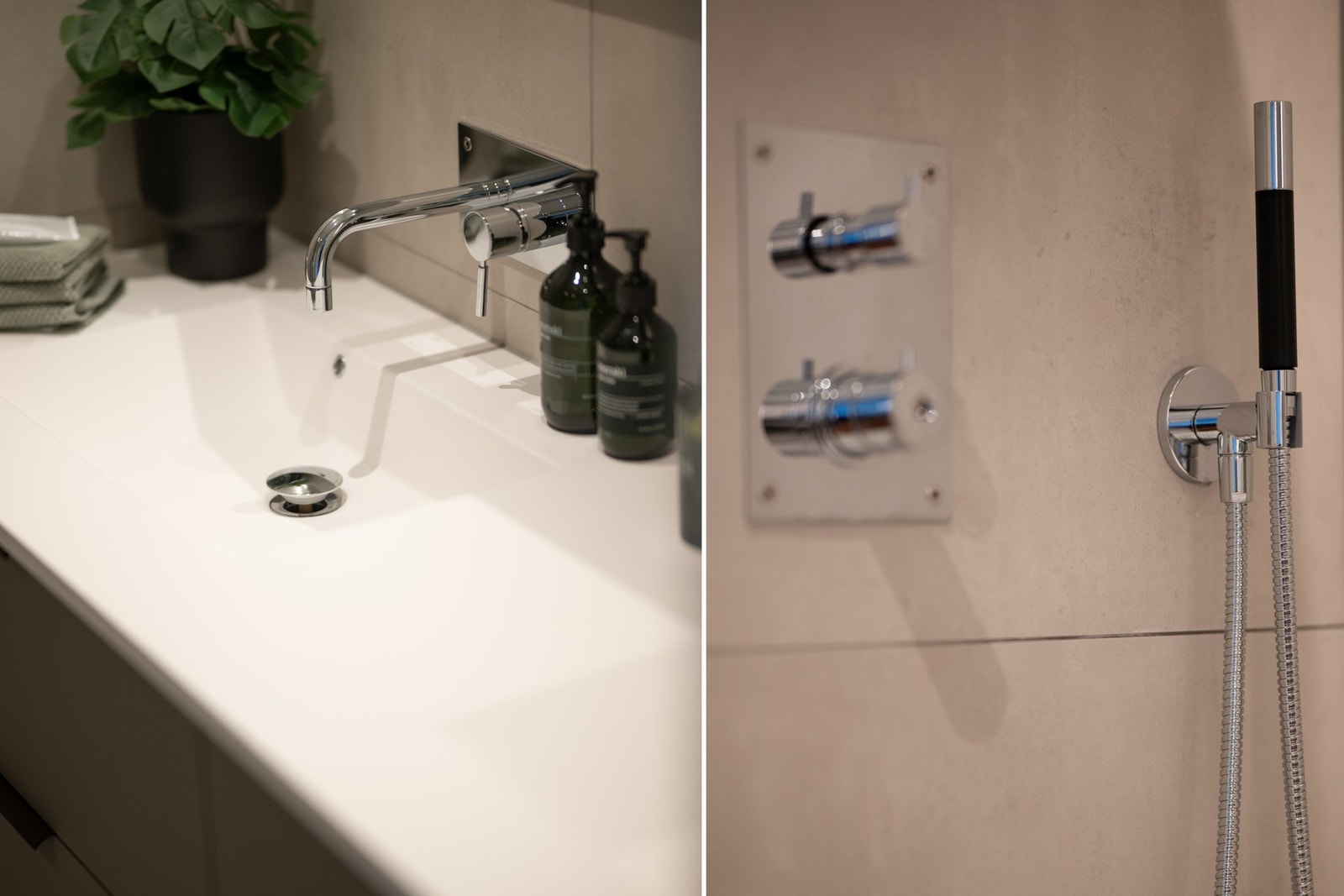 Både dusj- og servantarmatur har skjult opplegg i vegg, og moderne materialvalg gir et helhetlig og behagelig uttrykk. Galleribilde