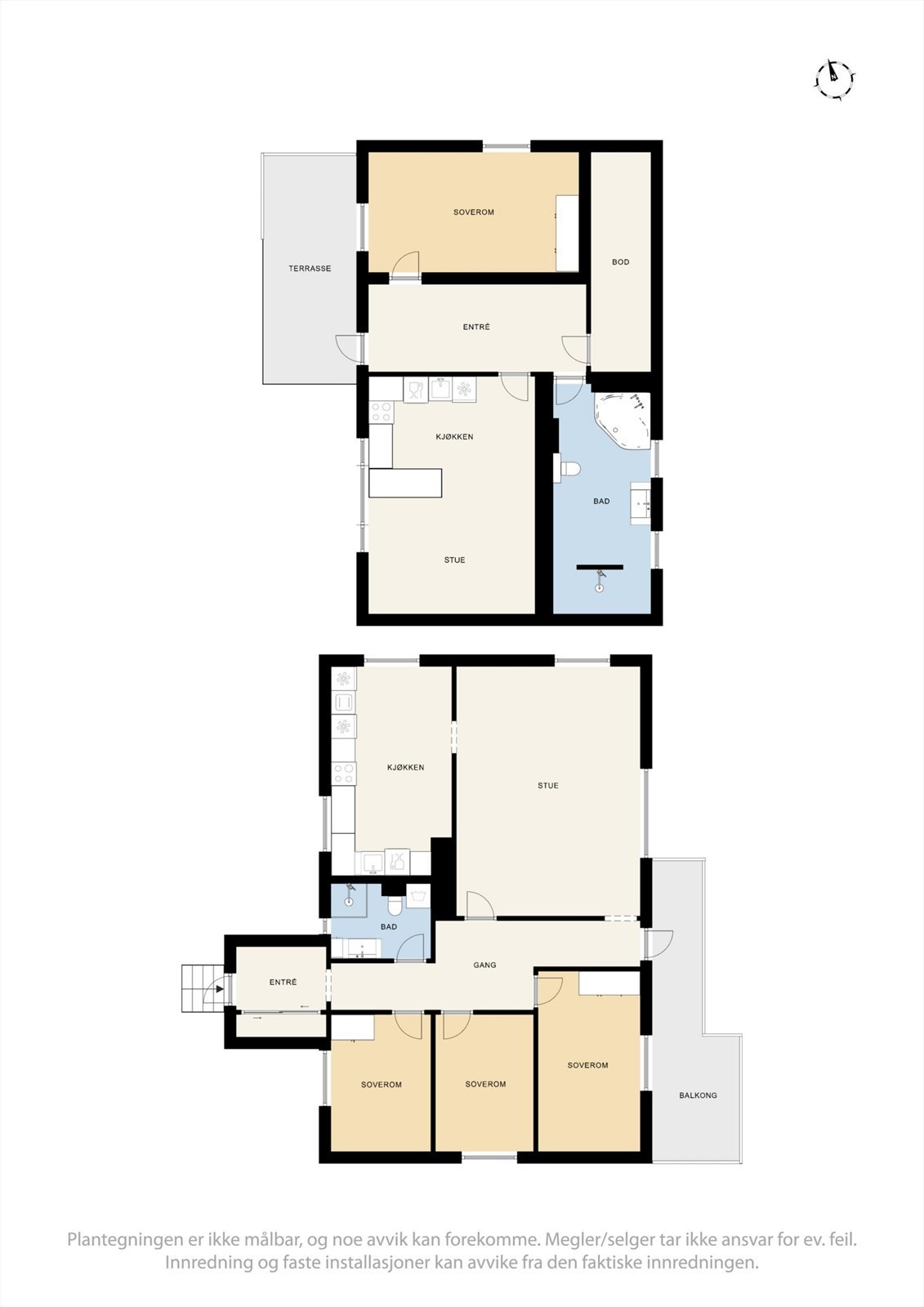 Vedlagte plantegninger gjenspeiler dagens planløsning slik den fremtår i dag og er i strid med godkjente byggetegninger/godkjent bruk. Se punkt "Ferdigattest/Brukstillatelse" i salgsoppgaven. Galleribilde