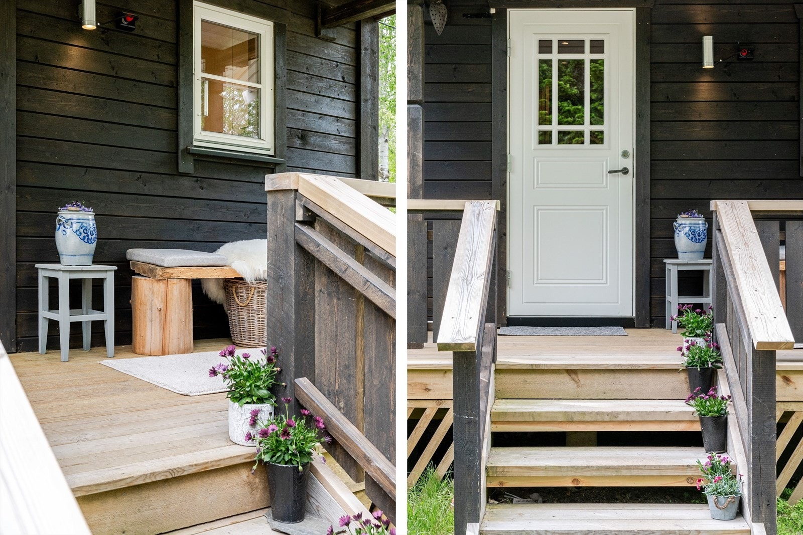 Innbydende overbygget inngangsparti med plass til en hyggelig sittegruppe - perfekt for morgenkaffen i morgenssolen. Galleribilde