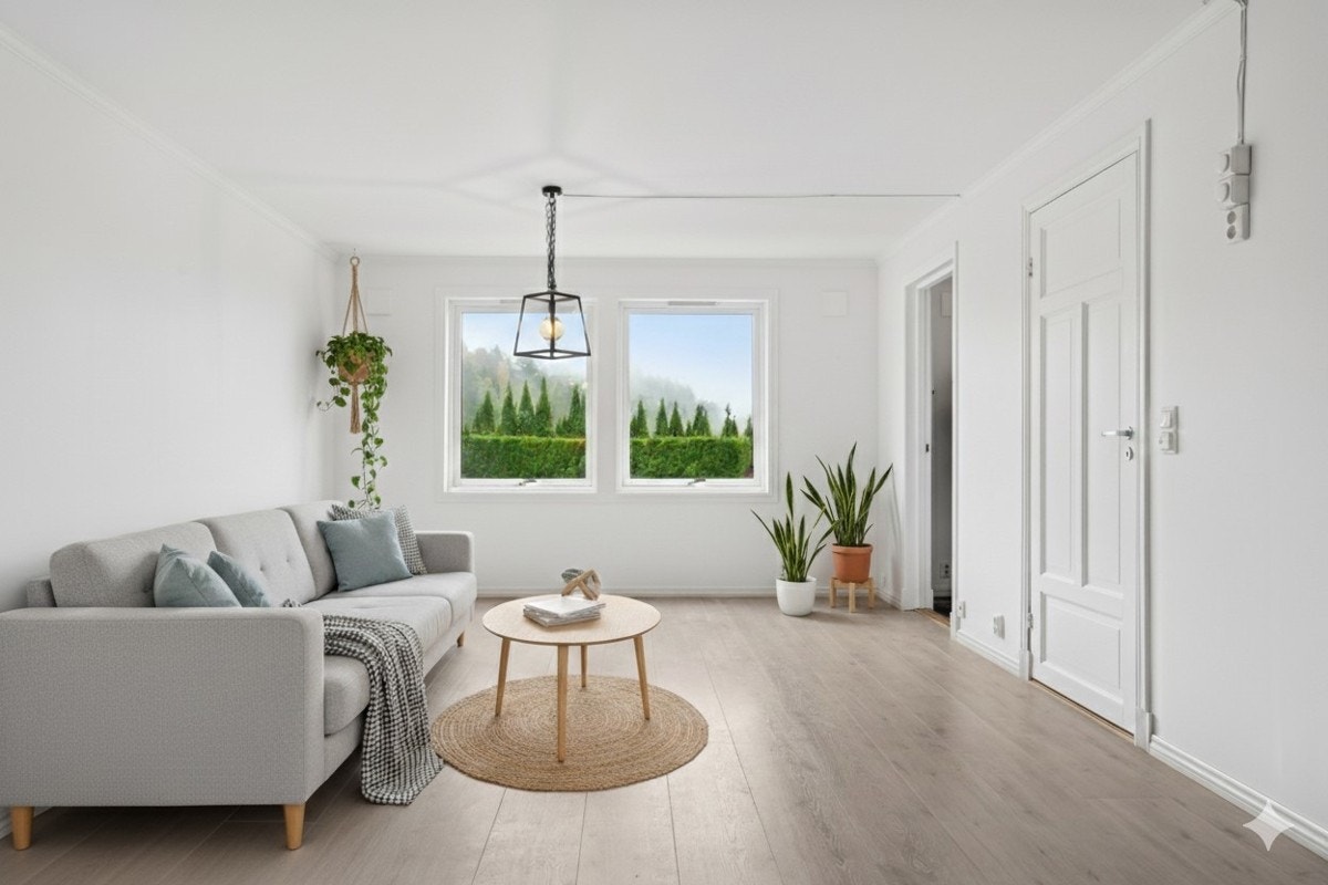 Hyggelig stue med store vindusflater som slipper inn godt med naturlig lys. (bildet er digitalt stylet) Galleribilde