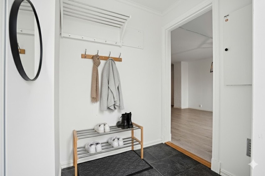 Romslig entre med god plass til oppbevaring av yttertøy. (bildet er digitalt stylet) Galleribilde