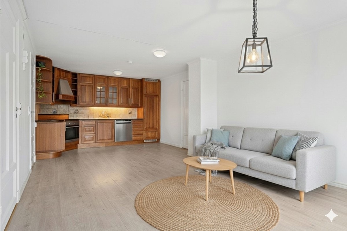 Åpen løsning mellom kjøkken og stue gir god romfølelse. (bildet er digitalt stylet) Galleribilde