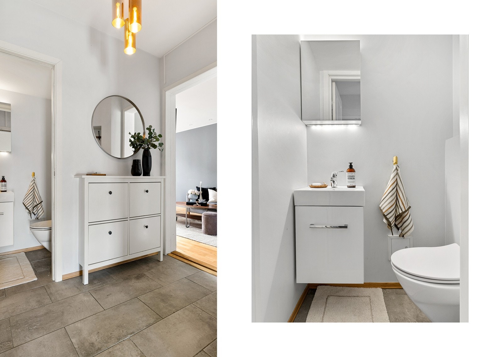 Entréen er flislagt med behagelig gulvvarme. Herfra har man praktisk adkomst til et toalettrom innredet med vegghengt toalett, servant med underskap og speilskap. Galleribilde