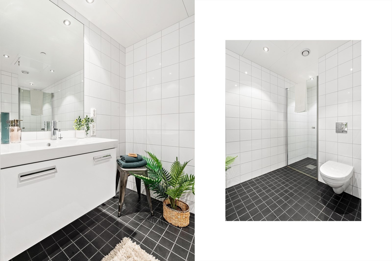 Lyst og pent flislagt bad med gulvvarme og downlights i himling. Baderomsinnredning i hvit utførelse med heldekkende servant og rom for oppbevaring i skuffeseksjon og speil. Videre er badet utstyrt med dusjhjørne med innfellbar dusj dør, vegghengt toalett Galleribilde