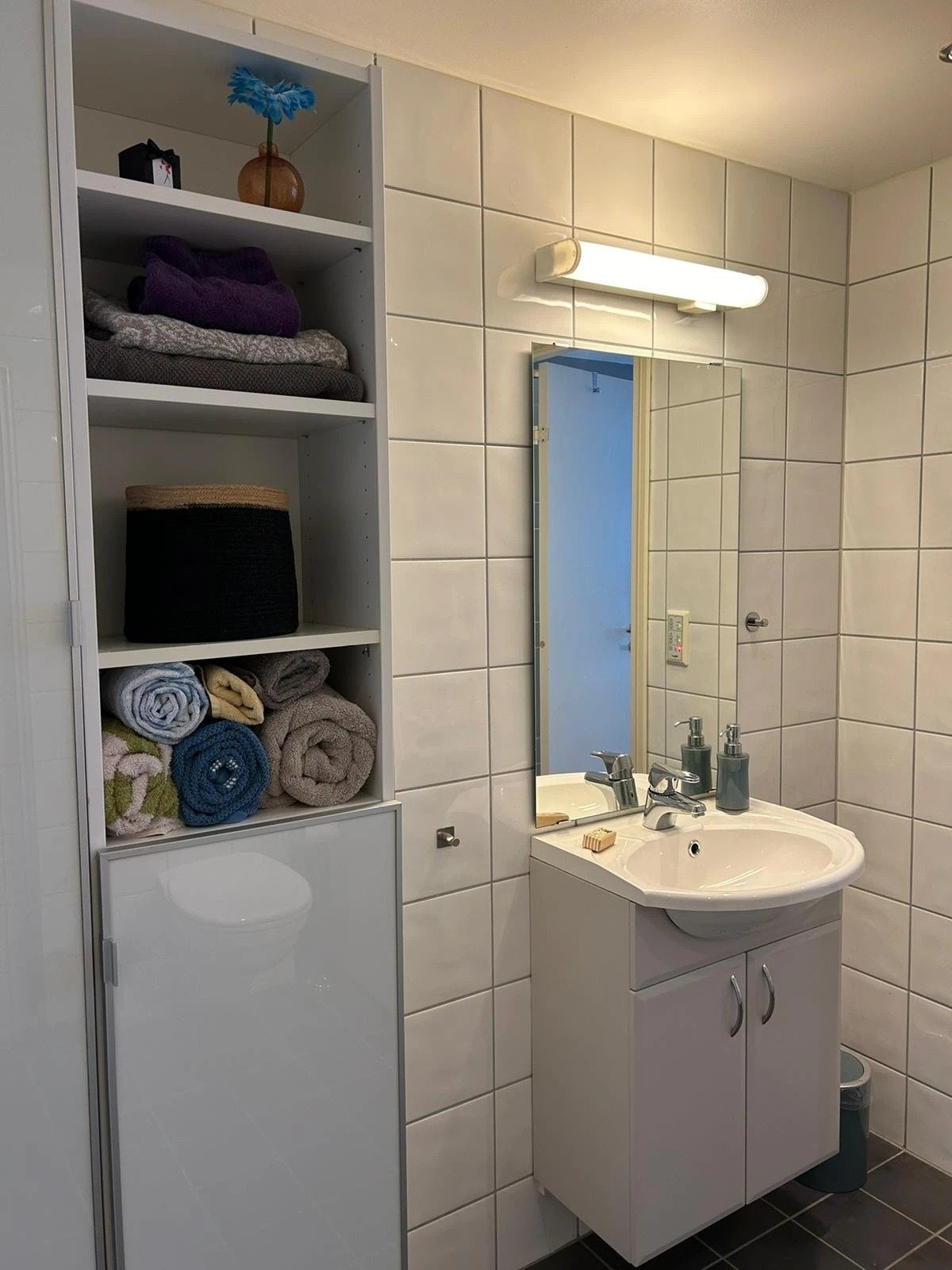 Baderom utstyrt med servant m/speil, samt skap for oppbevaring. Galleribilde