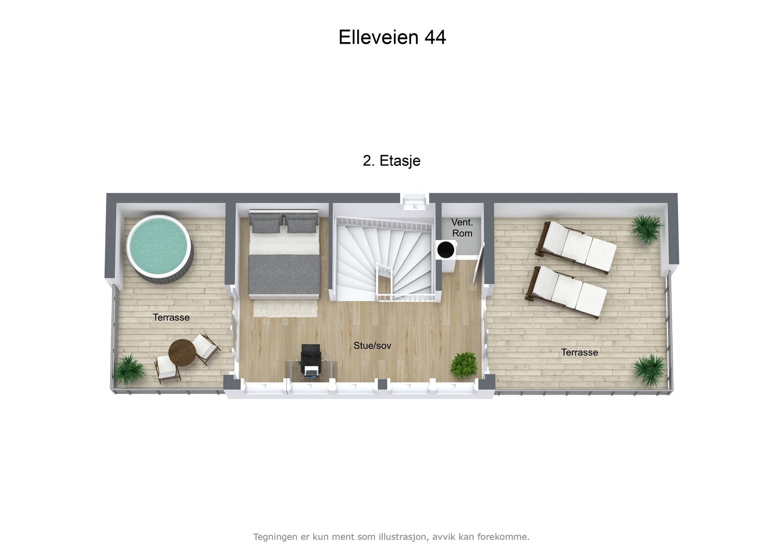 Illustrasjon Elleveien 44 - 3D - 2. Etasje - med mulig soverom i 2.etasjom Galleribilde
