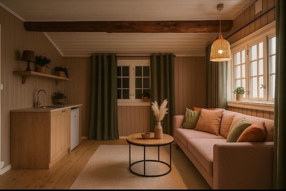 Her er det tegnet inn et innredningsforslag med bruk av Chat GPT.
Det vil være meget enkelt å installere en kjøkkenbenk her da det finnes vanntilførsel fra baderommet som ligger vegg i vegg med dette rommet.
Rommet er i dag umøblert. Galleribilde